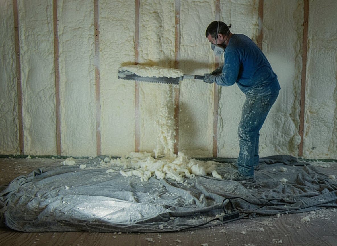 Worker trimming foam flush with framing